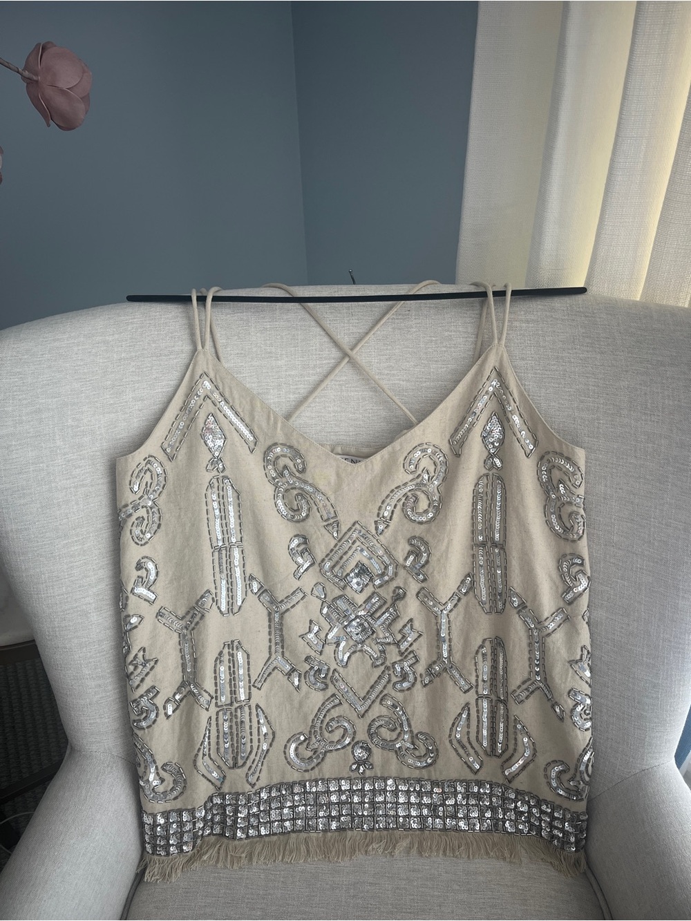 Venus Boho Embellished Sequin Fringed Cami Tank Top Size L